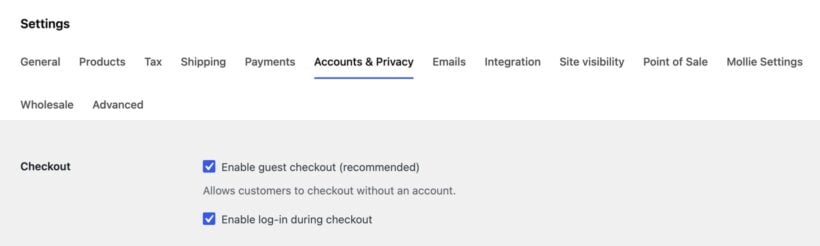 WooCommerce Accounts and Privacy settings with the Enable guest checkout checkbox ticked