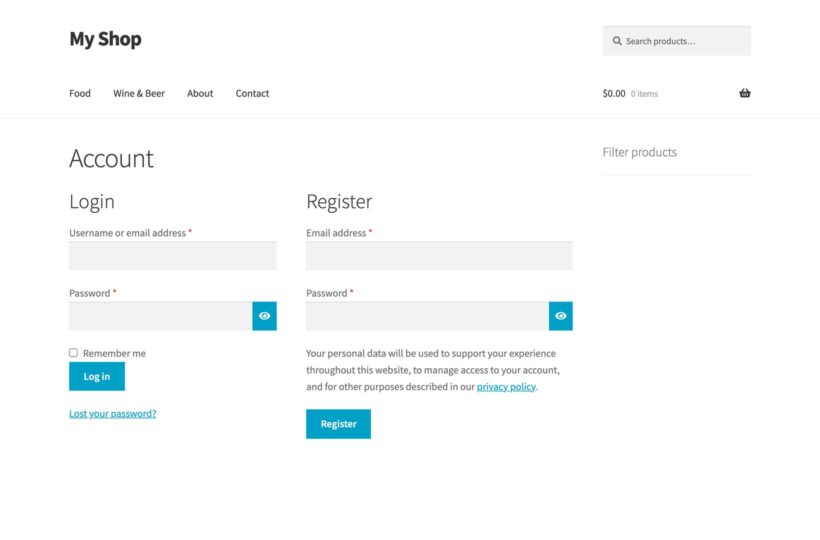 WooCommerce Account page with side-by-side login and register forms for customers to sign in or create an account