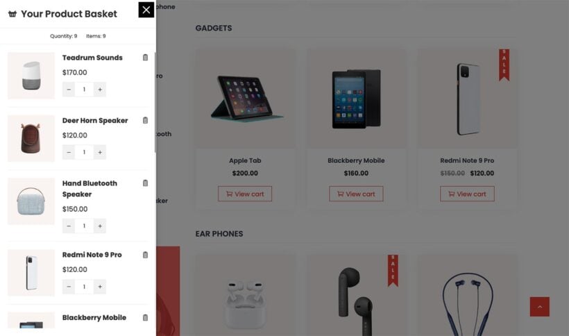 Mini Ajax Cart side panel open over a gadgets shop, listing products with quantity controls and a Proceed to Checkout button