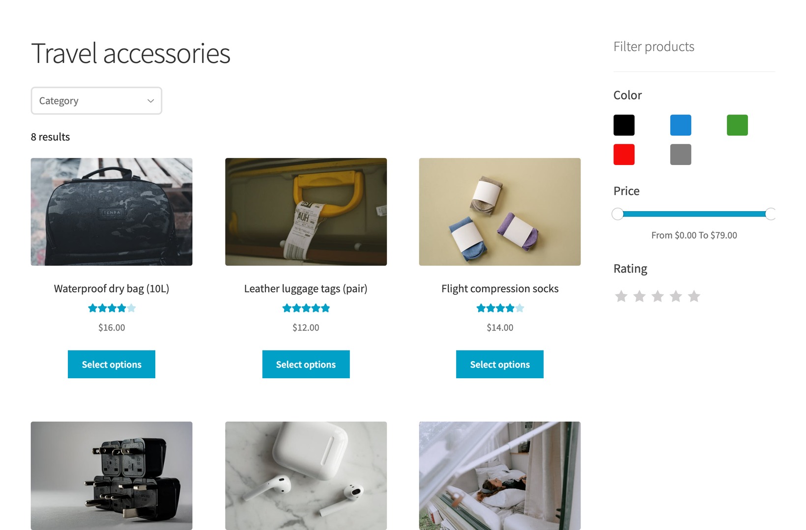 Travel accessories shop page showing color swatches, a price range slider and star rating filters alongside product cards