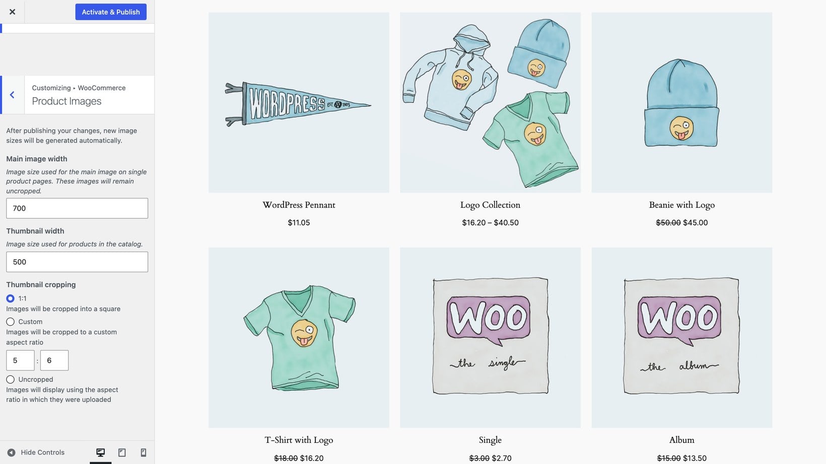 WordPress Customizer open to WooCommerce Product Images with main image width set to 700, thumbnail width to 500 and 1:1 cropping selected
