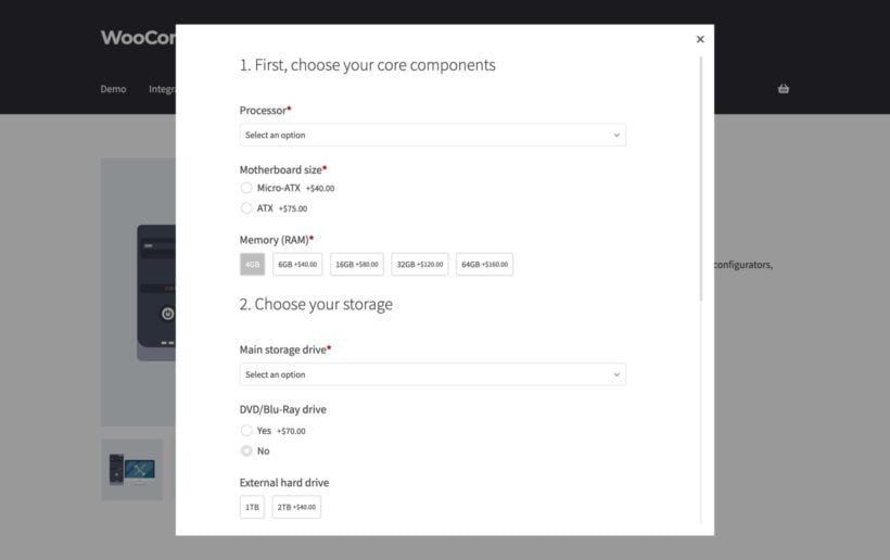 WooCommerce Product Options popup layout opened from a product page with all option groups inside