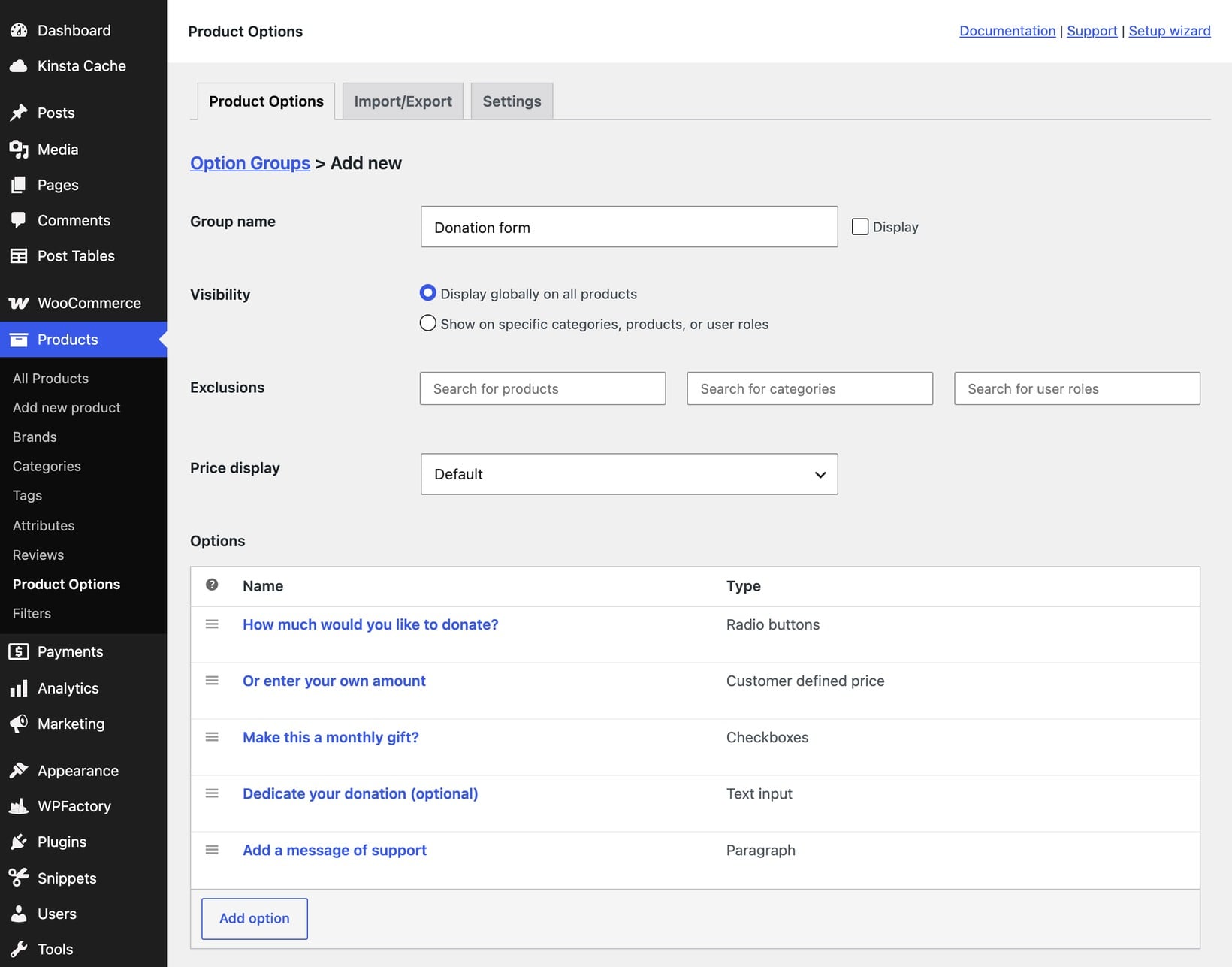 Building a donation form for a nonprofit website in the WooCommerce Product Options backend