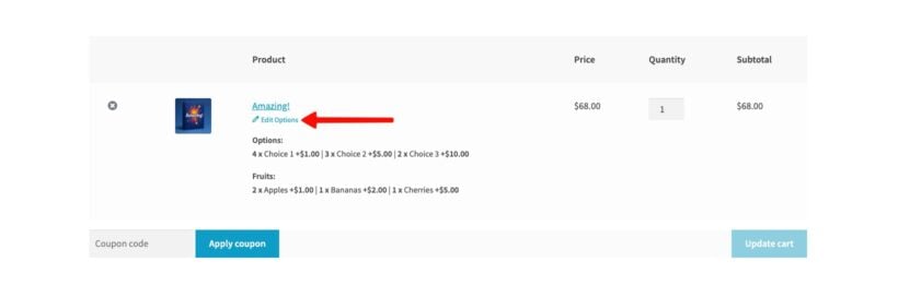 WooCommerce Product Options edit options link below a cart item