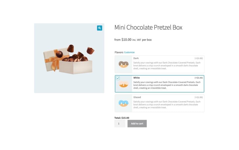 WooCommerce product page for a pretzel box using Product Options image button cards to let customers choose flavors