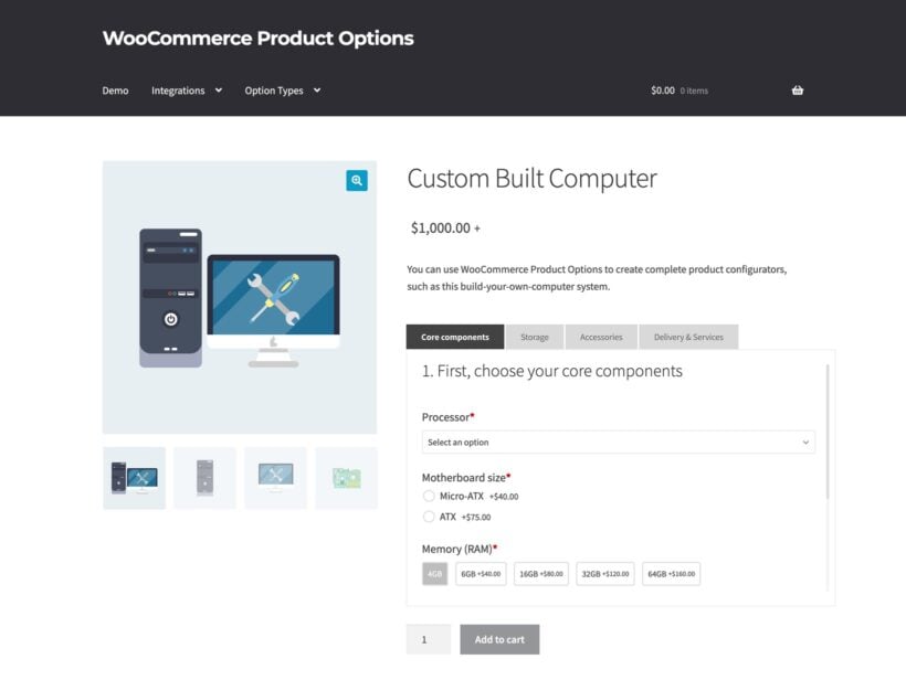 WooCommerce Product Options displayed as horizontal tabs on a configurable product page
