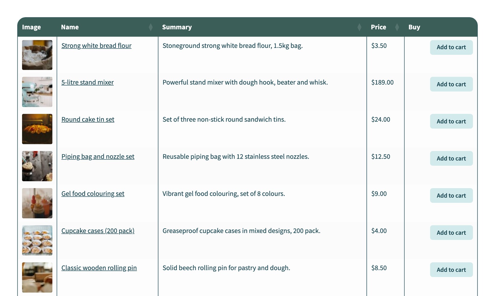 Baking supplies store using WooCommerce Product Table with image, name, description, price and Add to cart columns for each product
