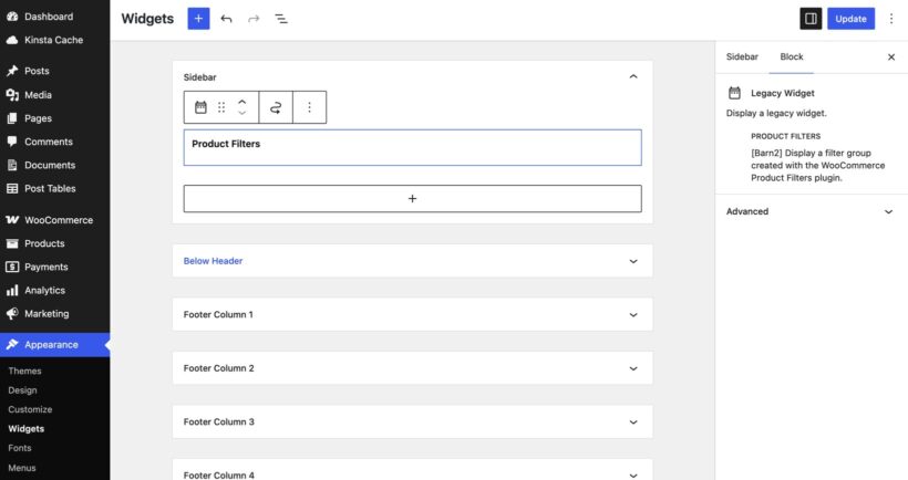 WordPress block widgets editor with a Product Filters legacy widget placed inside the Sidebar widget area