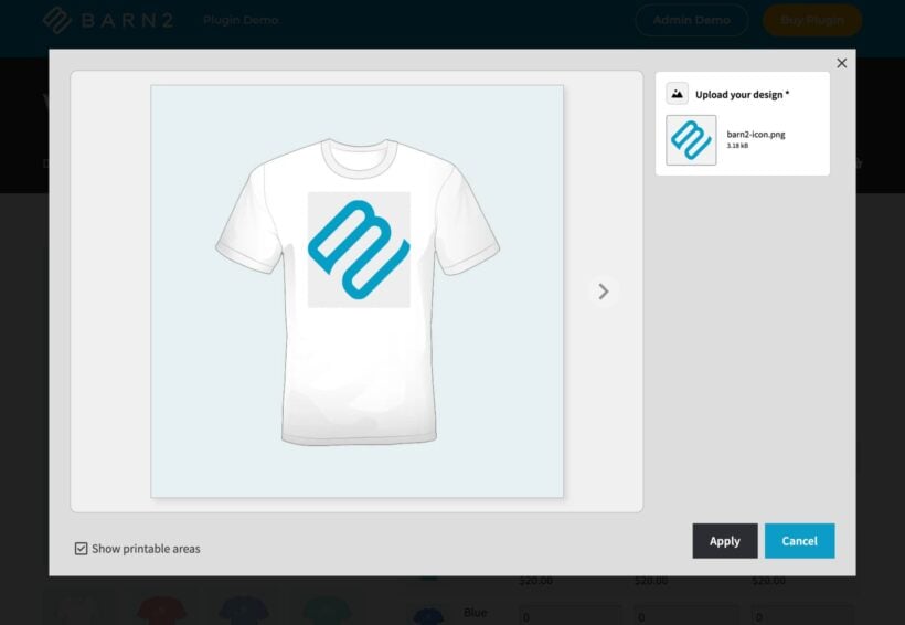 WooCommerce t-shirt designer modal showing a white t-shirt with the Barn2 logo applied as an uploaded design