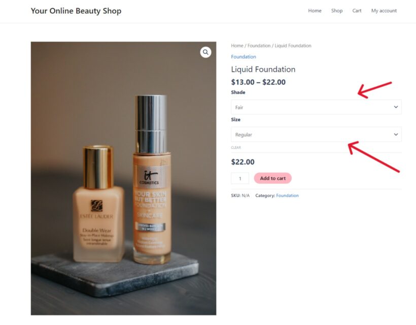 WooCommerce variable product page for Liquid Foundation with Shade and Size dropdowns and a to price range