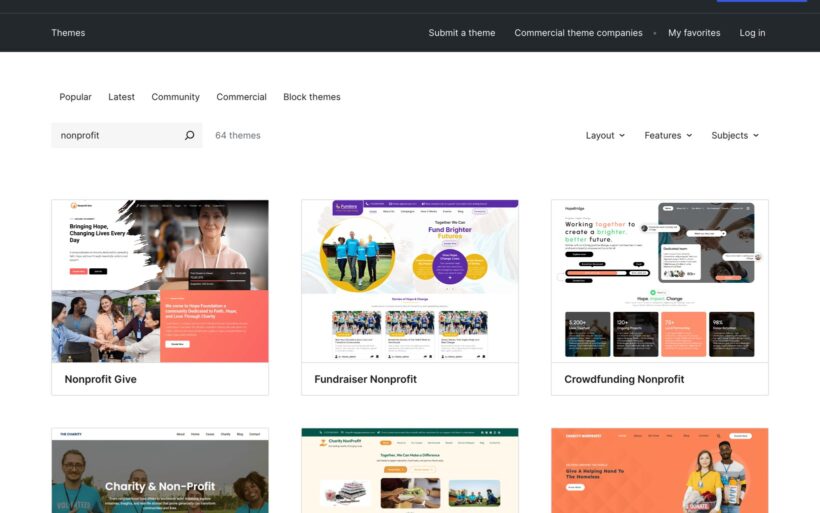 The WordPress.org themes directory filtered by nonprofit showing 64 available themes including Nonprofit Give, Fundraiser Nonprofit and Charity and Non-Profit