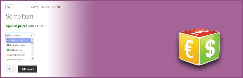 Currency Switcher for WooCommerce showing multiple store currencies for shoppers