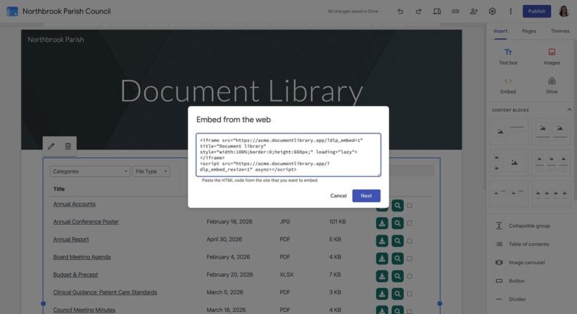 A parish council pasting the embed code to add its document library to a Google Sites page