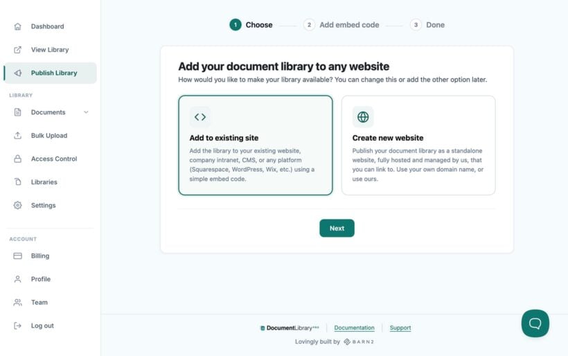 Choosing how to publish a document library, with options to embed it on any website or create a standalone site