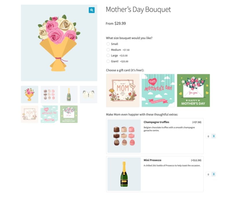 WooCommerce bouquet add-ons shown as image cards with descriptions