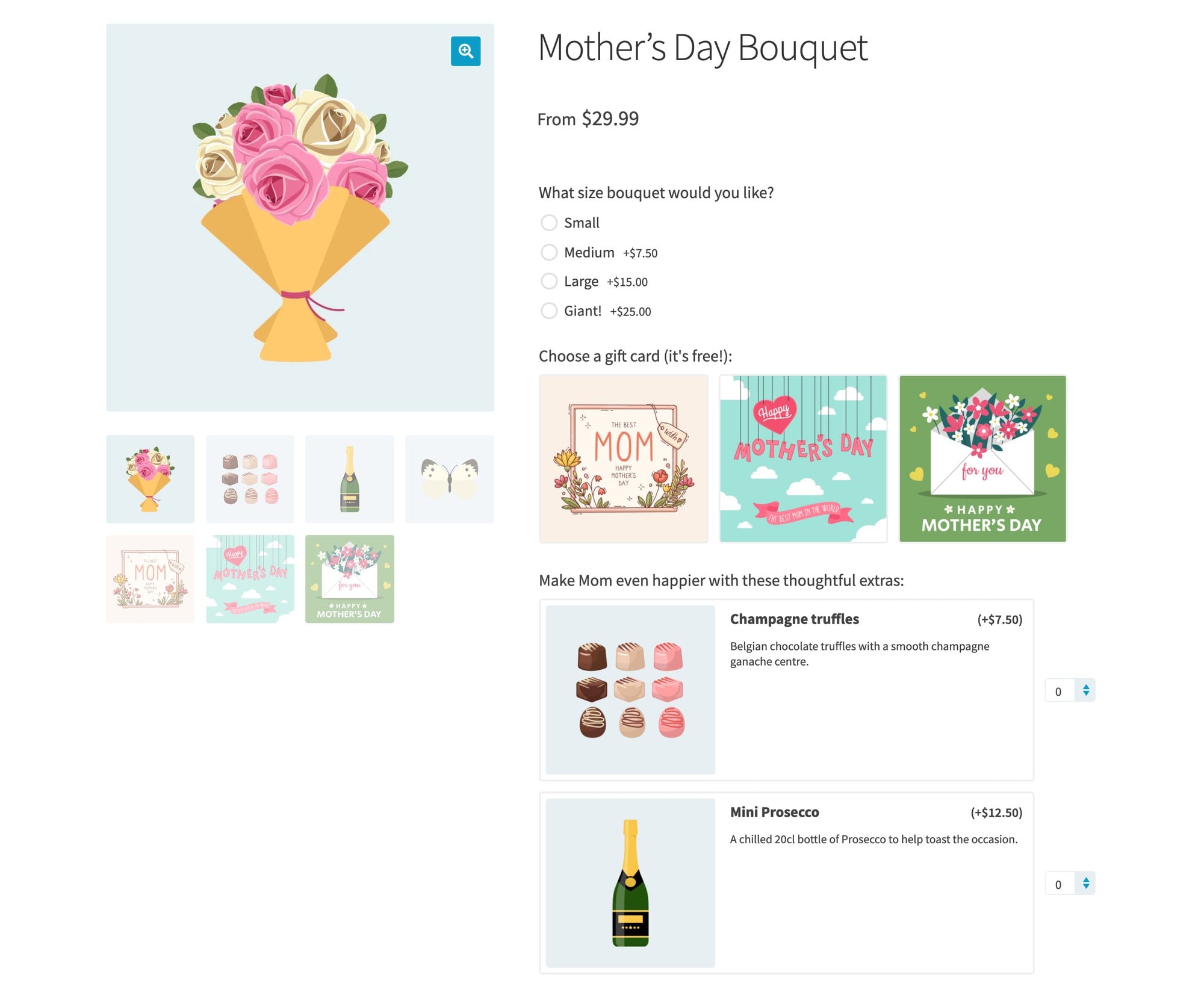 WooCommerce bouquet product page charging for a bigger size, offering a free gift card and adding truffles and prosecco as paid extras