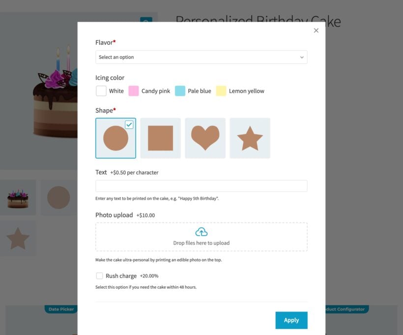 WooCommerce cake options shown in a popup