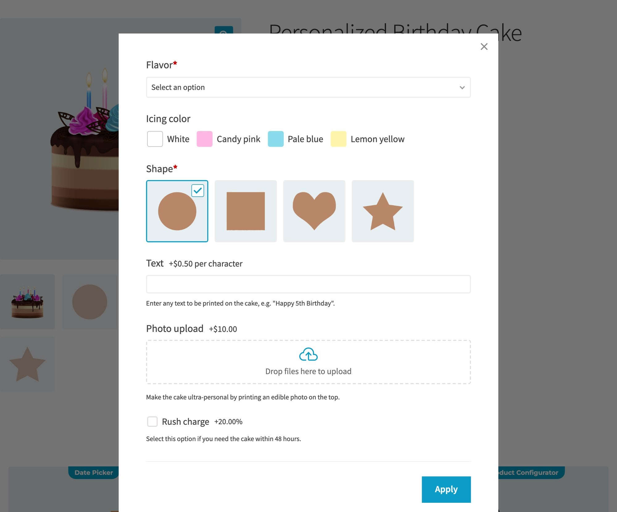WooCommerce cake product page with the add-on fields opening in a popup over the page