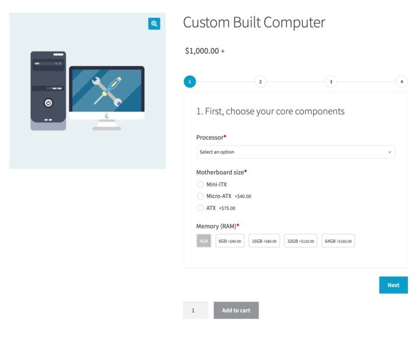WooCommerce computer configurator with a step-by-step layout