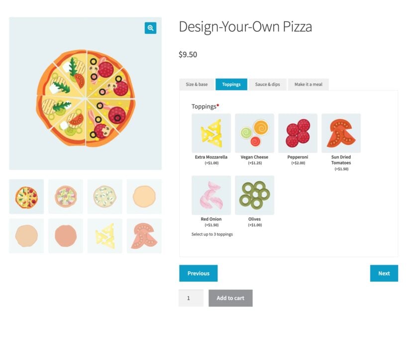 WooCommerce pizza builder with options organized into tabs