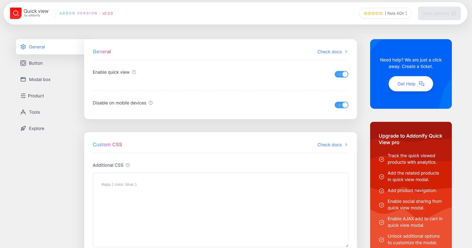 Addonify Quick View for WooCommerce button and modal settings panel