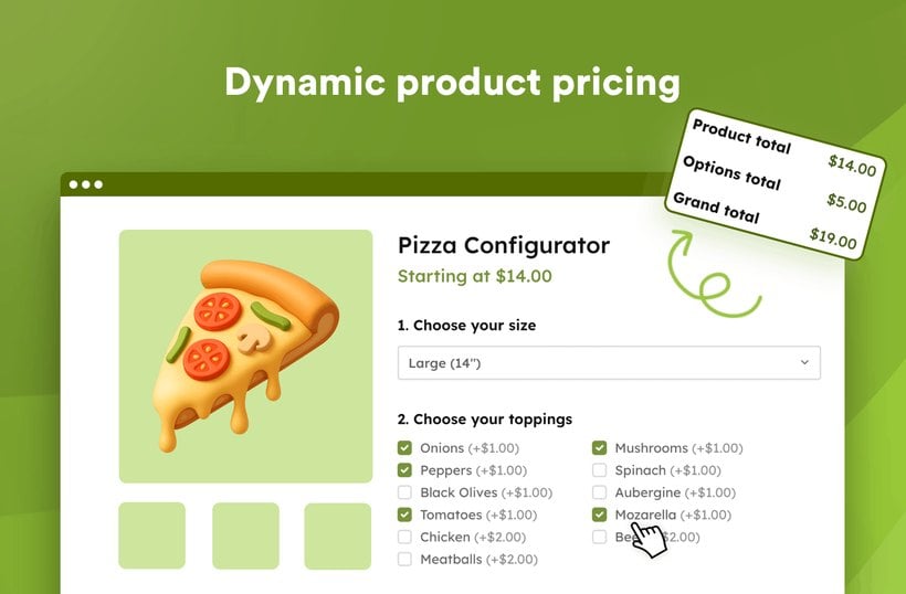 Advanced Product Fields by StudioWombat showing dynamic pricing on a pizza configurator