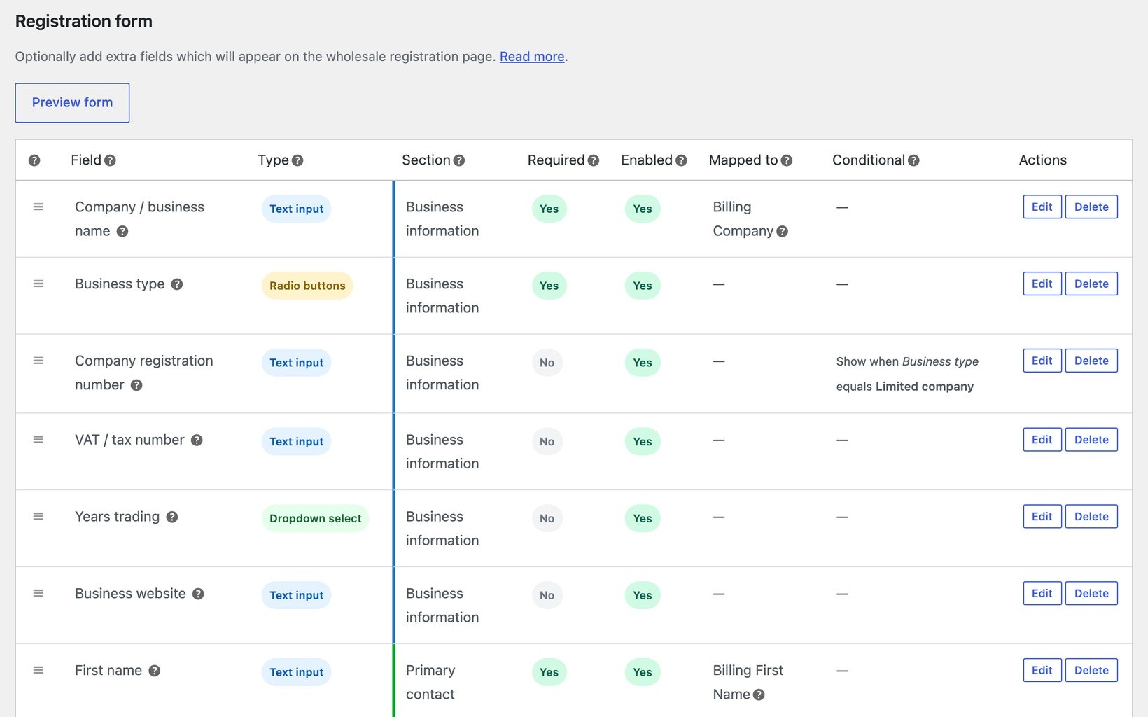 WooCommerce Wholesale Pro registration form builder with field types, sections and conditional logic