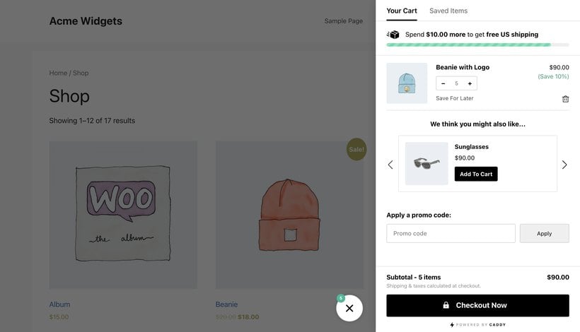 Caddy smart side cart for WooCommerce open over a shop page with product recommendations