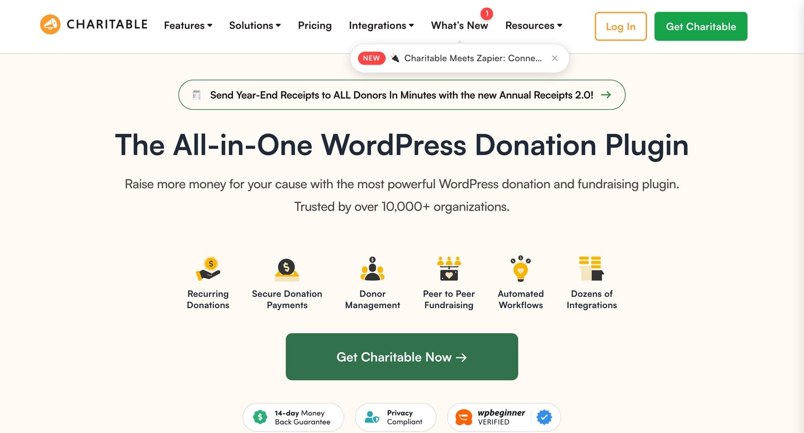 Charitable homepage describing it as the all-in-one WordPress donation plugin with feature icons