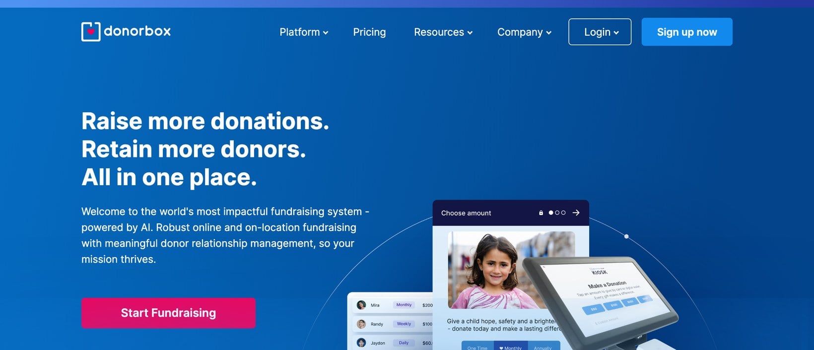 Donorbox WordPress donation plugin homepage with embedded donation form examples
