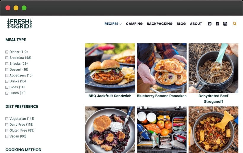 FacetWP faceted filtering on a recipe site with meal type, diet preference and cooking method filters