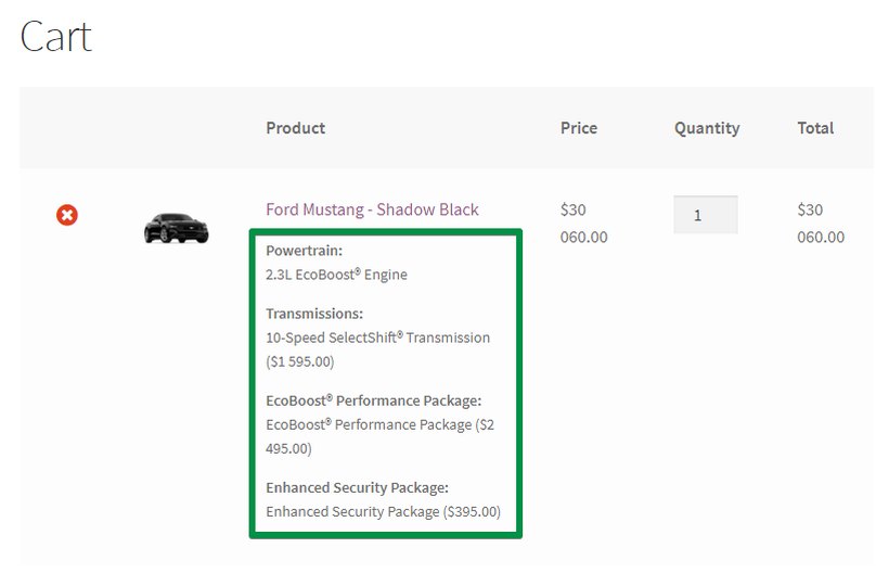 Flexible Product Fields by WP Desk showing custom field values carried through to the WooCommerce cart