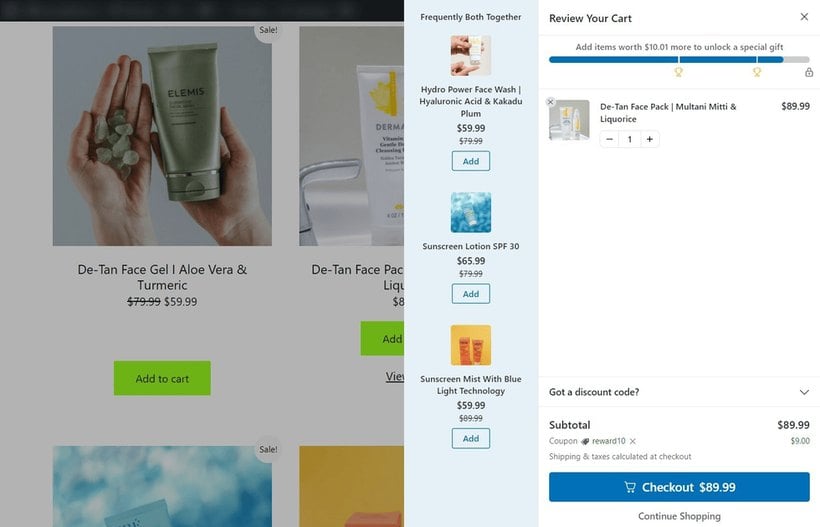 FunnelKit Cart side cart drawer with in-cart upsells and a free-gift reward bar in WooCommerce