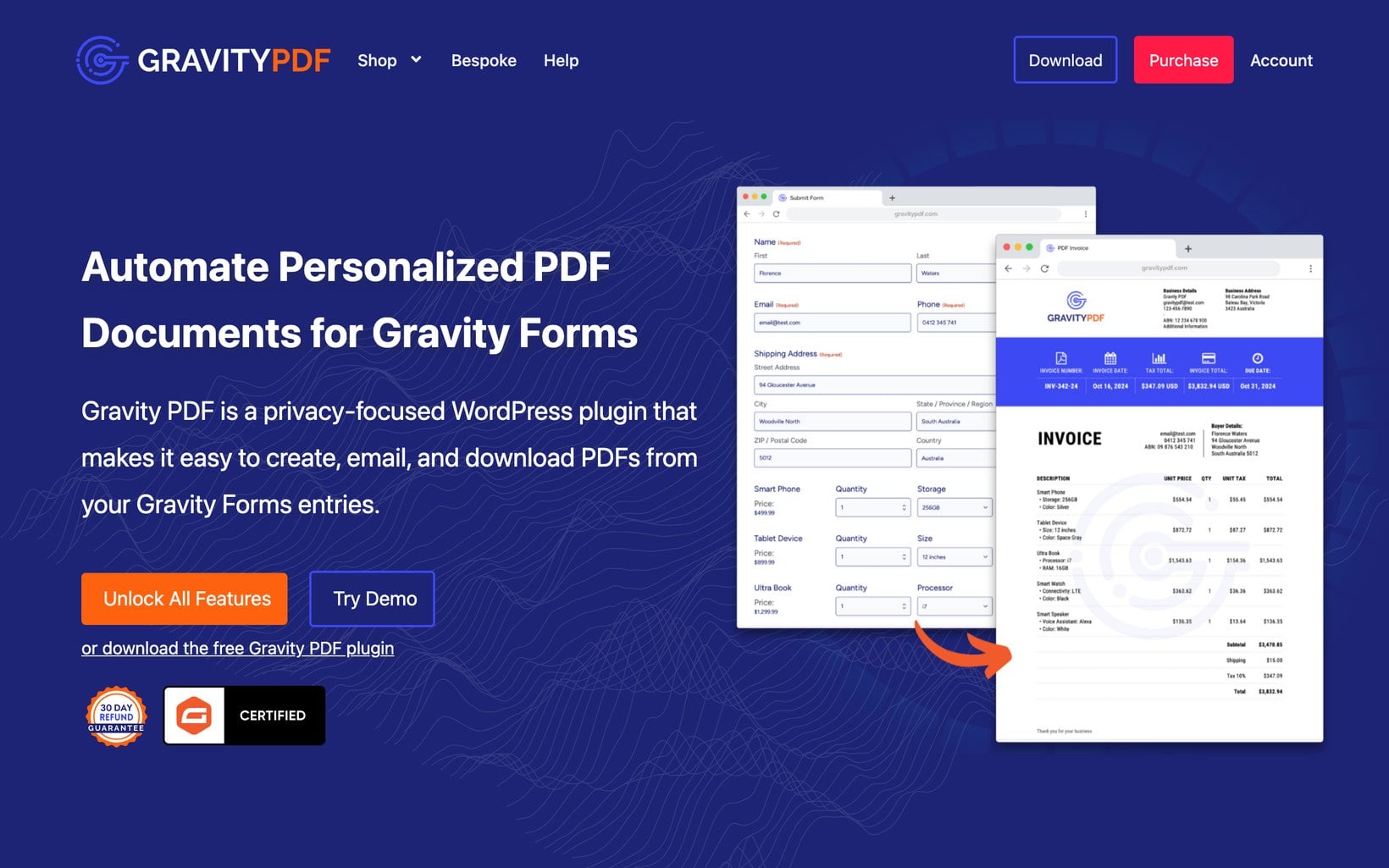 Gravity PDF plugin generating an invoice PDF from Gravity Forms entries
