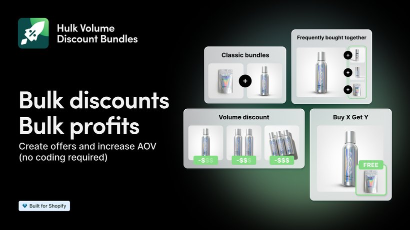 Hulk Volume Discount Bundles Shopify app showing bulk discounts, volume discounts and Buy X Get Y bundle options