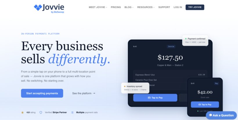 Jovvie in-person payments platform homepage showing Tap to Pay