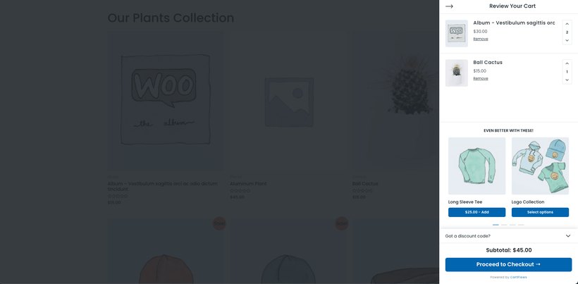 Modern Cart slide-in drawer for WooCommerce showing cart items, cross-sell suggestions and a checkout button
