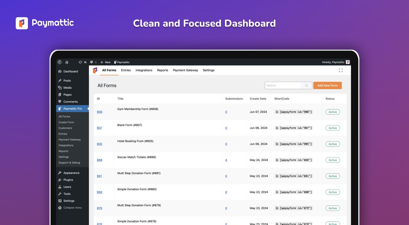 Paymattic WordPress donation plugin dashboard listing donation and payment forms