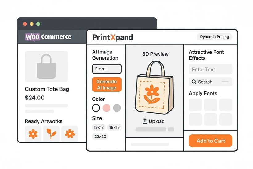 PrintXpand web-to-print product designer with 3D preview and dynamic pricing in WooCommerce