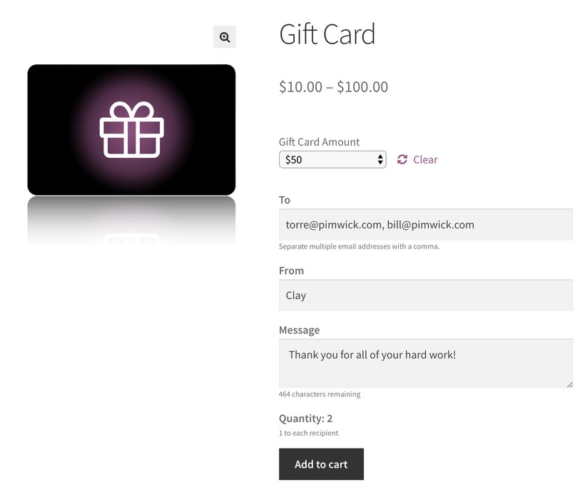 PW WooCommerce Gift Cards product page with amount, recipient and message fields