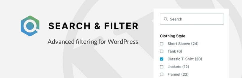 Search and Filter Pro WordPress plugin banner showing faceted search and filter options