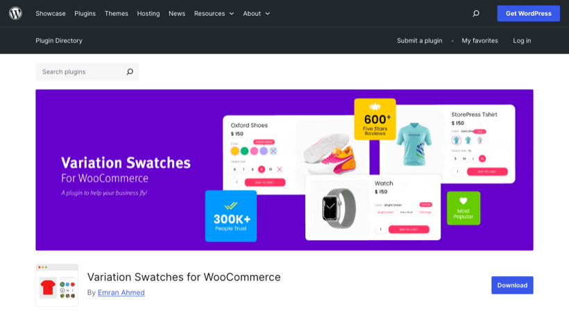Variation Swatches for WooCommerce by Emran Ahmed plugin page showing color and image swatches