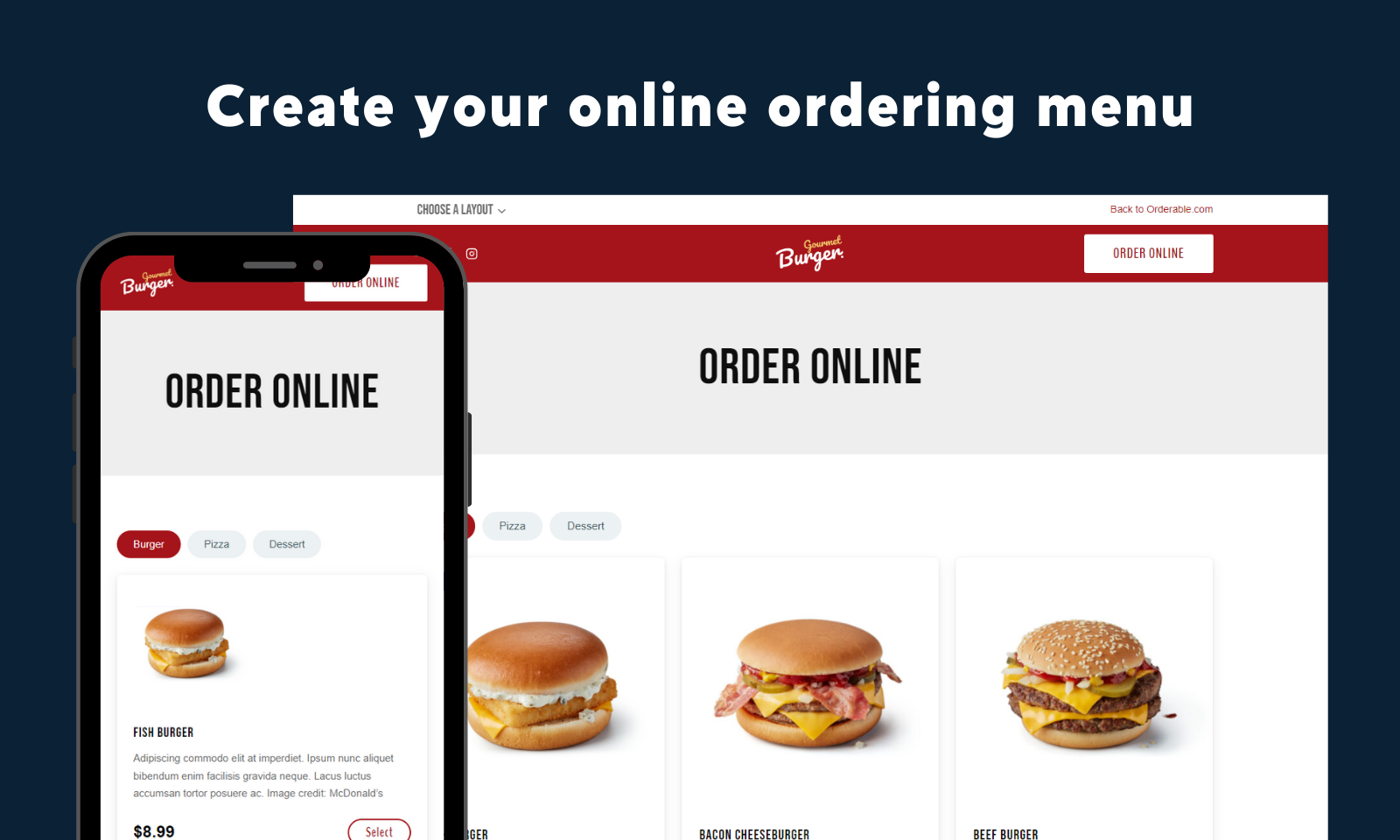 Orderable online ordering menu shown on desktop and mobile