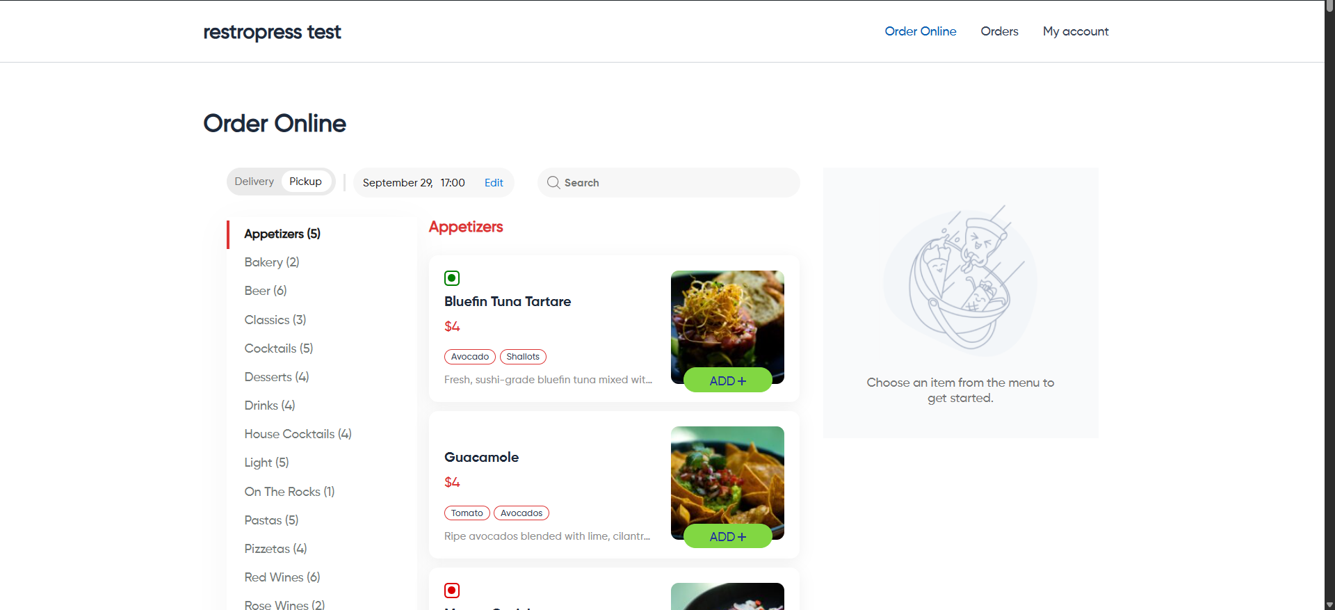RestroPress online ordering page with menu categories and add-to-order buttons
