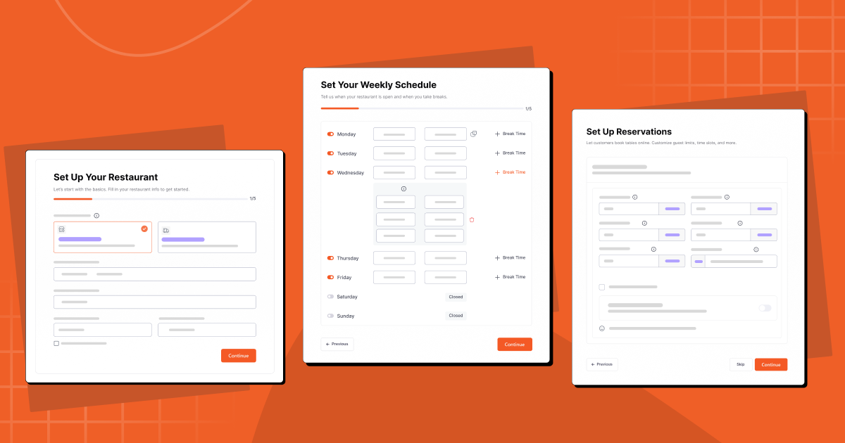 WPCafe setup wizard showing restaurant, schedule and reservation steps