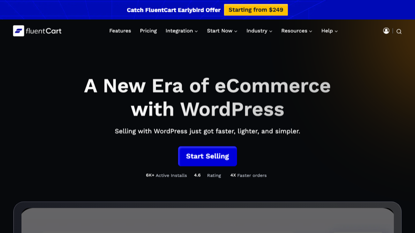 FluentCart homepage promoting a faster, lighter WordPress ecommerce plugin