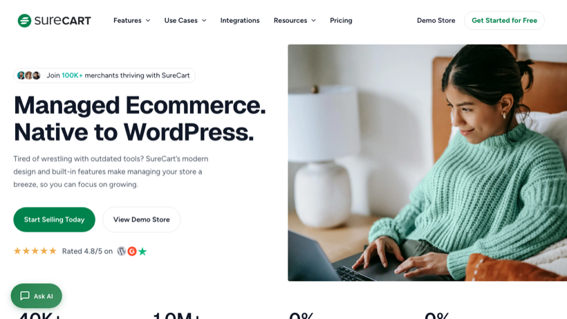 SureCart homepage describing managed ecommerce native to WordPress
