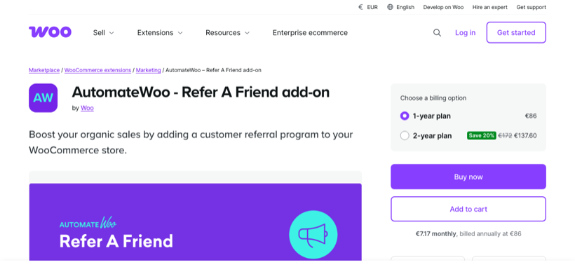 AutomateWoo Refer A Friend add-on page on the WooCommerce marketplace