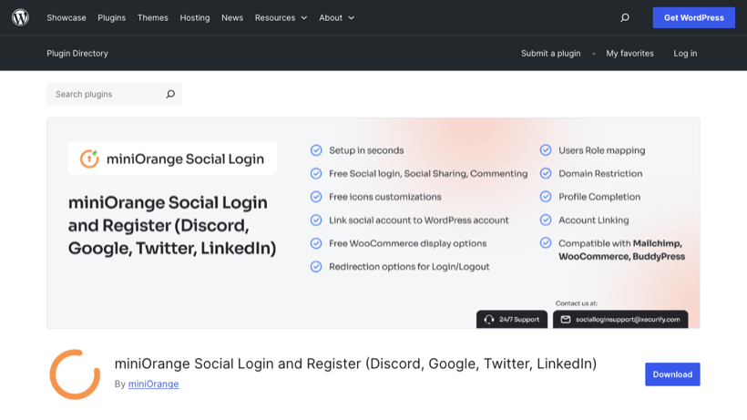 miniOrange Social Login plugin listing on WordPress.org