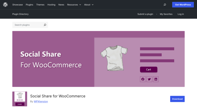 Social Share for WooCommerce plugin listing on WordPress.org
